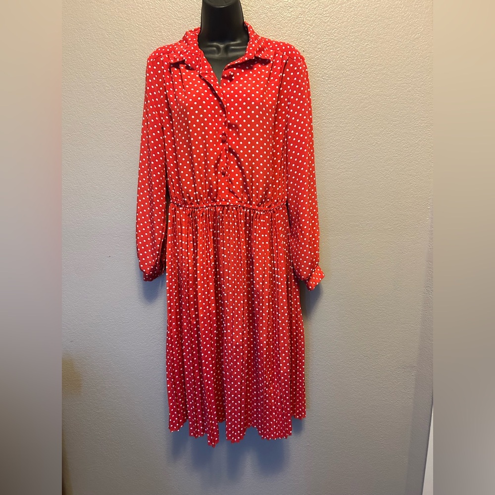 Vintage Pleated Red Polka Dot Long Sleeve Maxi Dress Sz 16P